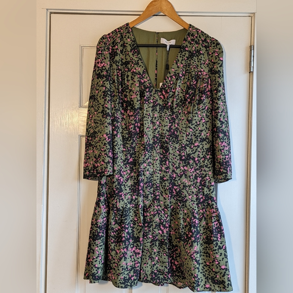 Reiss Ciara Olive Green Pleated Animal Print Dress Sz.8
